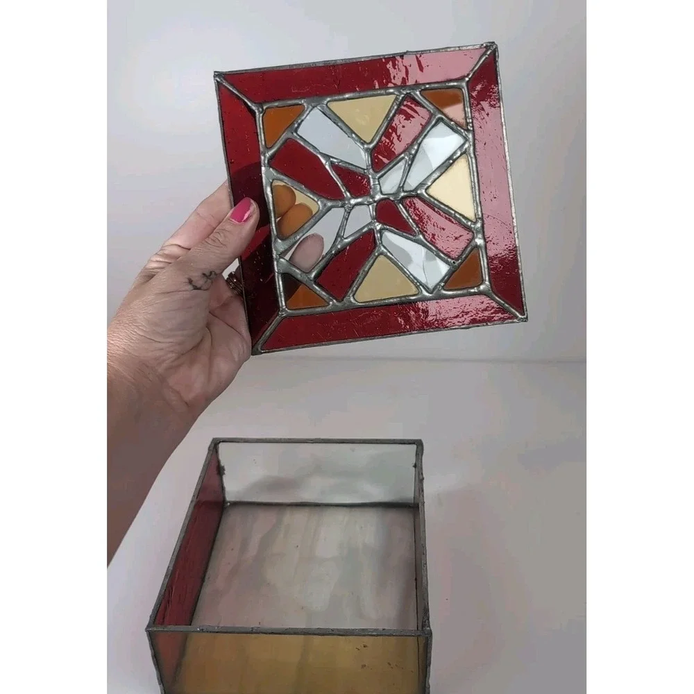 Stained Glass Trinket Box W/Top Red/Yellow Handmade Vintage Jewelry Cosmic 6X6x3